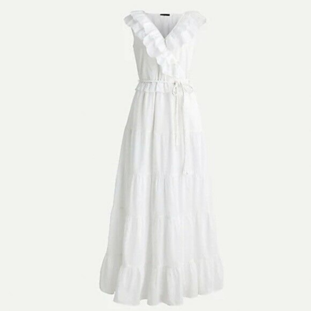 J.Crew White Ruffle-Front Maxi Dress With Braided Belt, Size 4